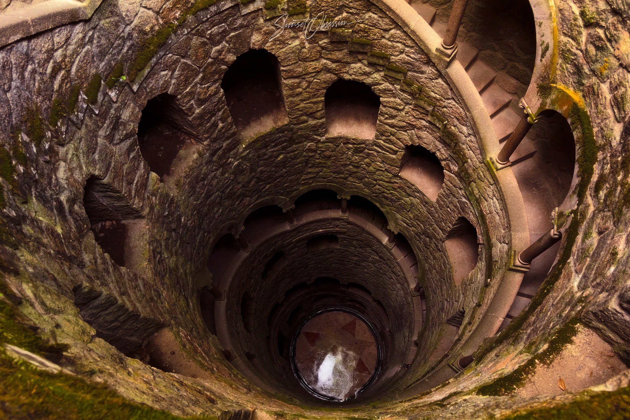 Looking down the Initiation Well in Quinta da Regaleira in Sintra, Portugal