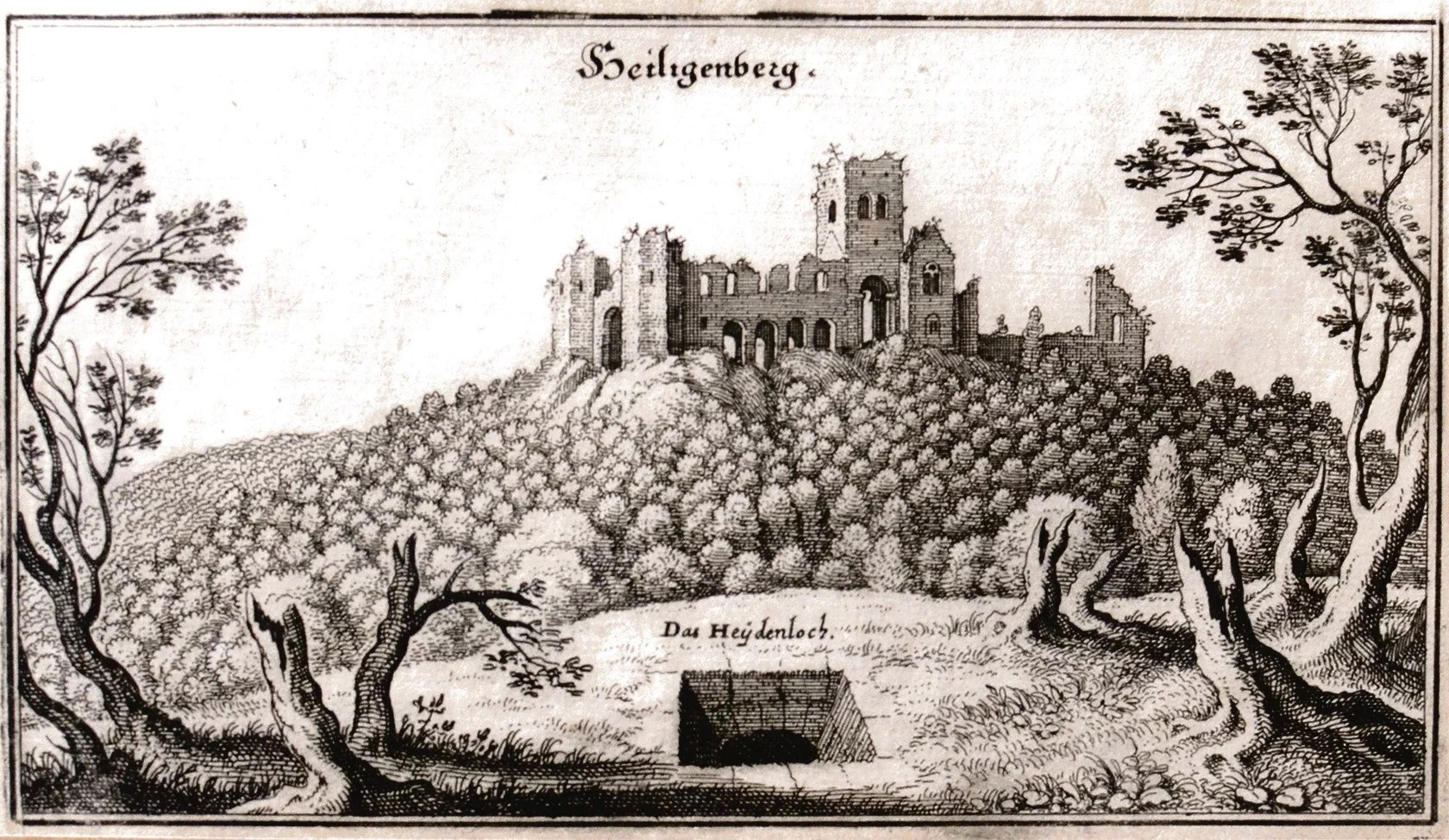 An image of Heidenloch and St. Michael monastery ruins from 1645