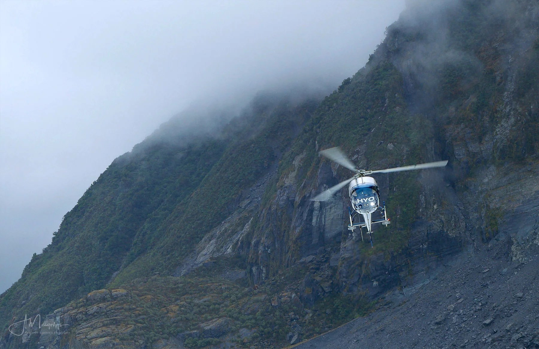 Helicopter Approaching Fox Glacier, New Zealand
