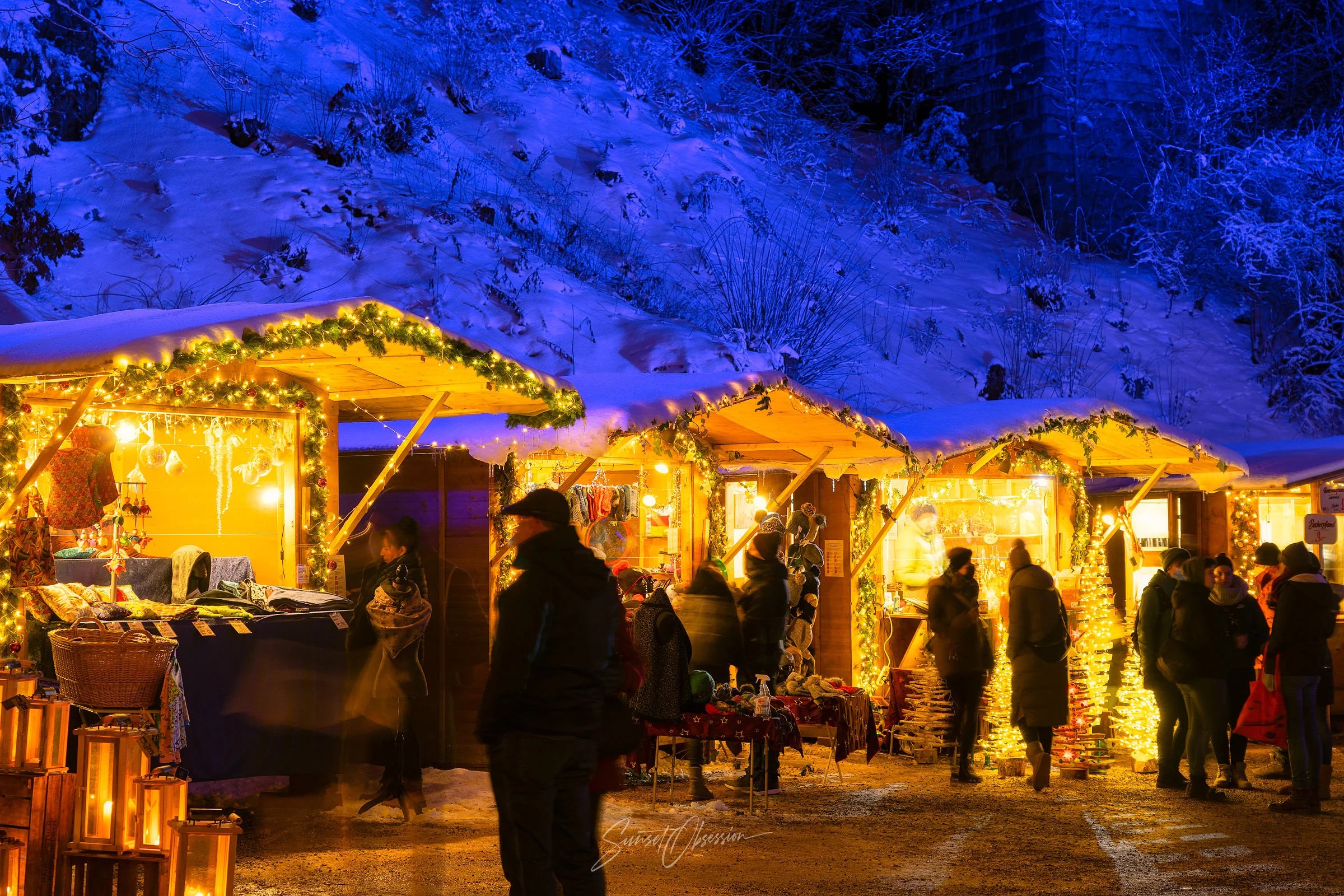 Lights and Snow in Ravennaschlucht Christmas market, Black Forest, Germany