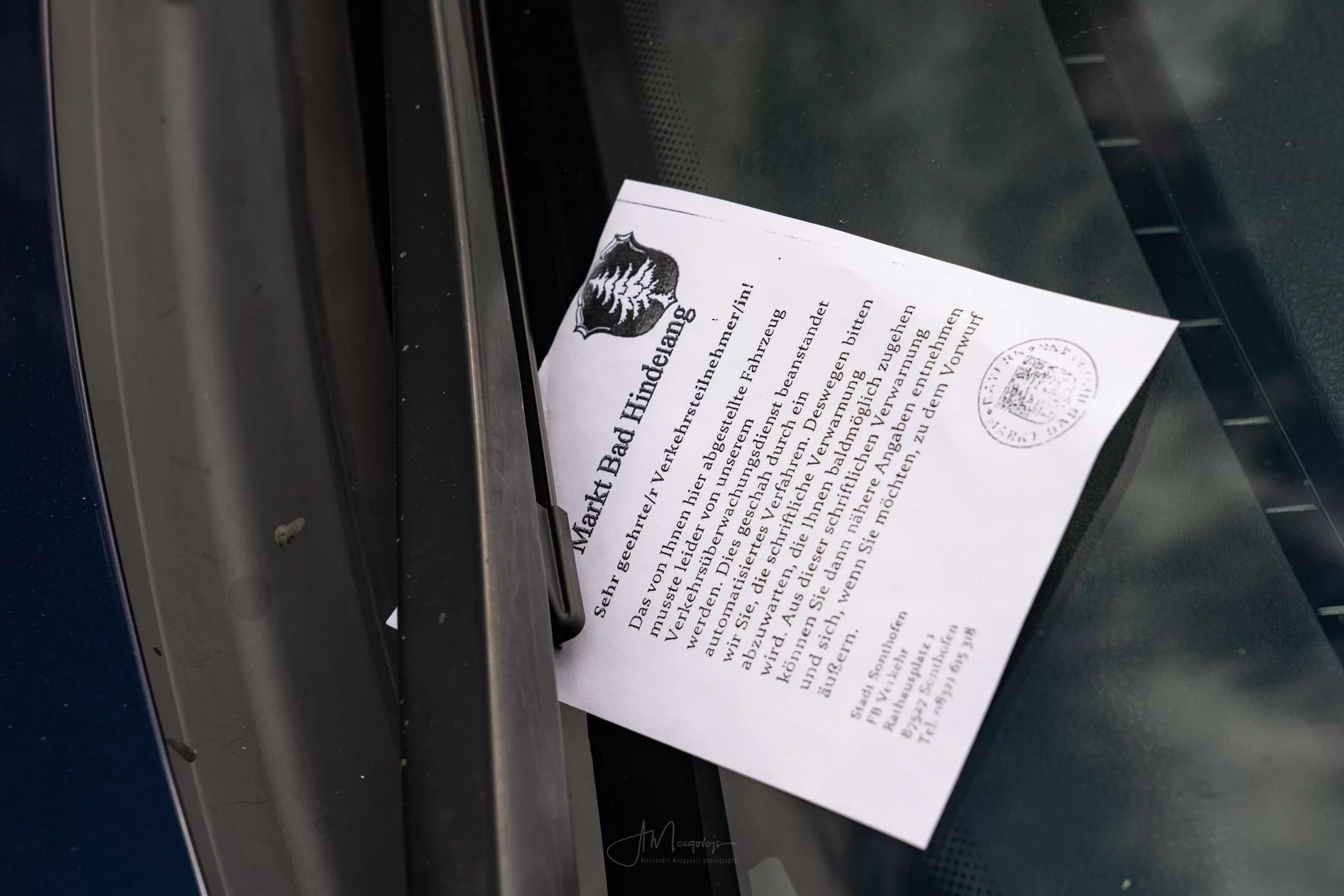 A parking ticket issued for incorrect parking in Hinterstein