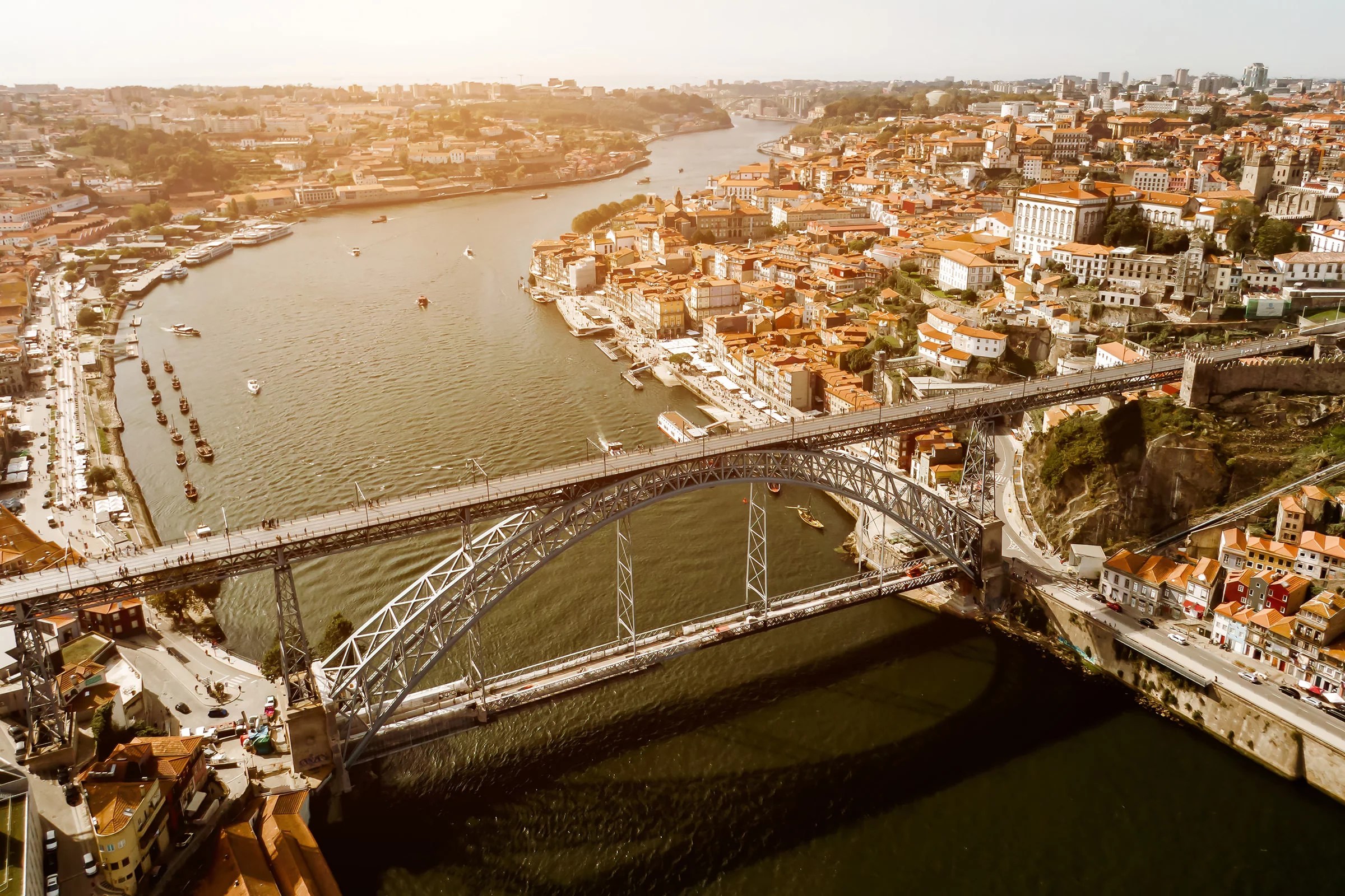 Aerial view of the Luís I Bridge in Porto
