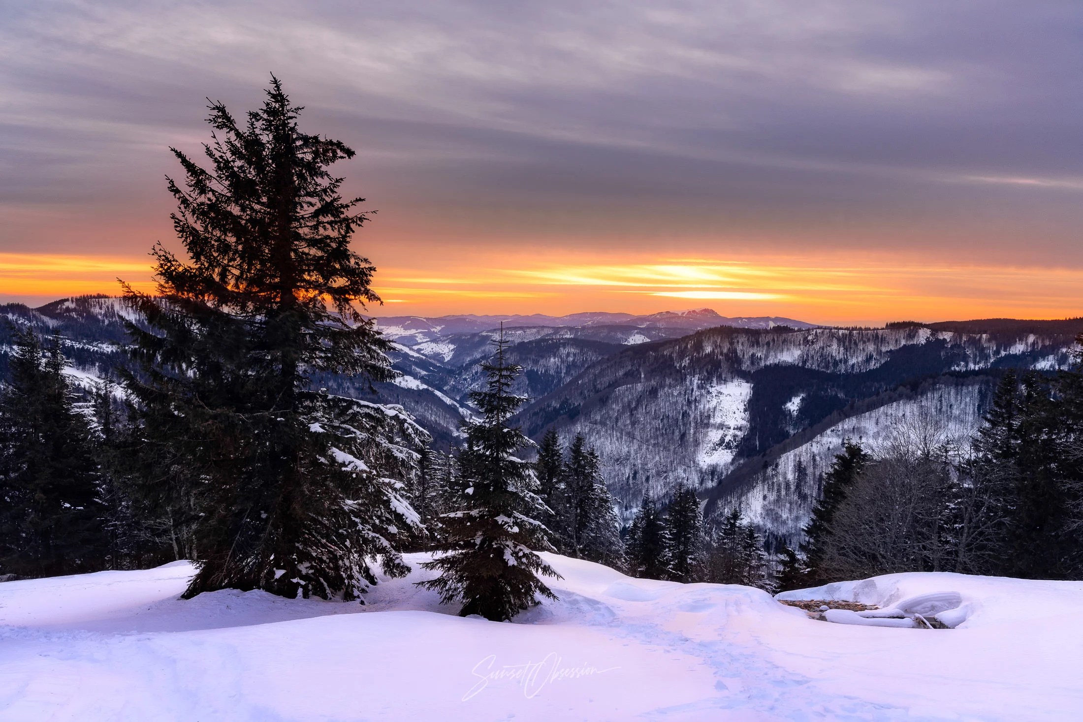 Beautiful winter sunset on Feldberg, Black Forest