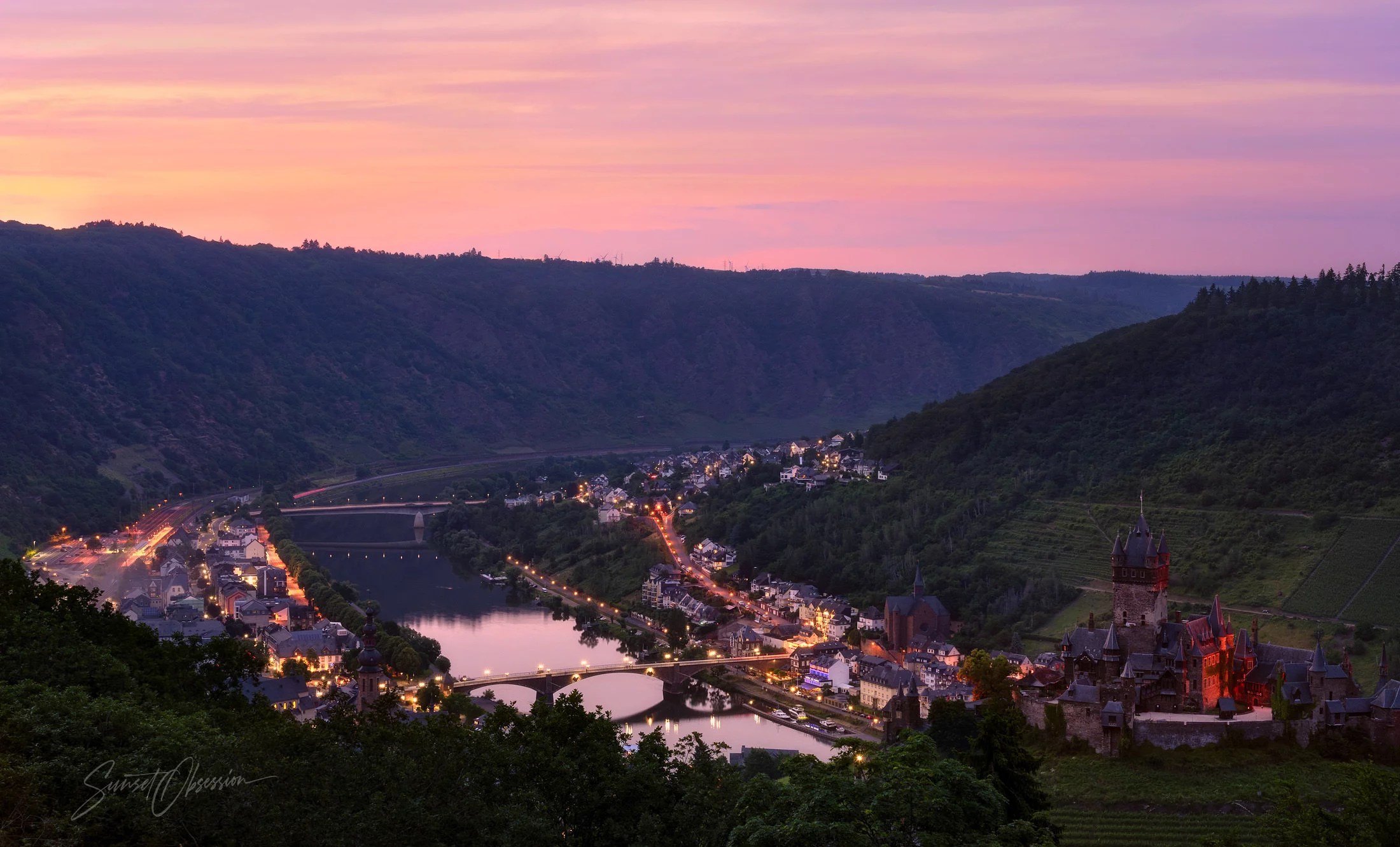 Sunset over Cochem, captured from the roadside viewpoint