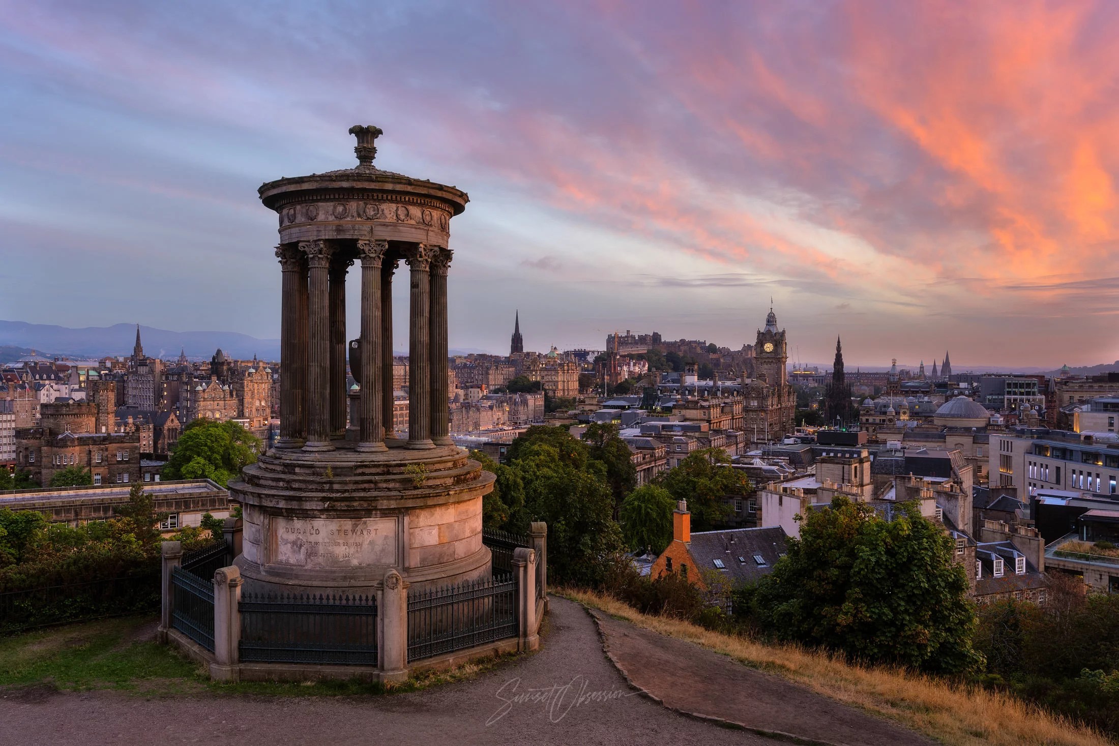 Sunset view over Edinburgh from the Calton Hill
